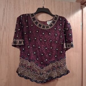 Vintage papell boutique evening Top Sequin Floral  Detail Short Sleeve Silk XL
